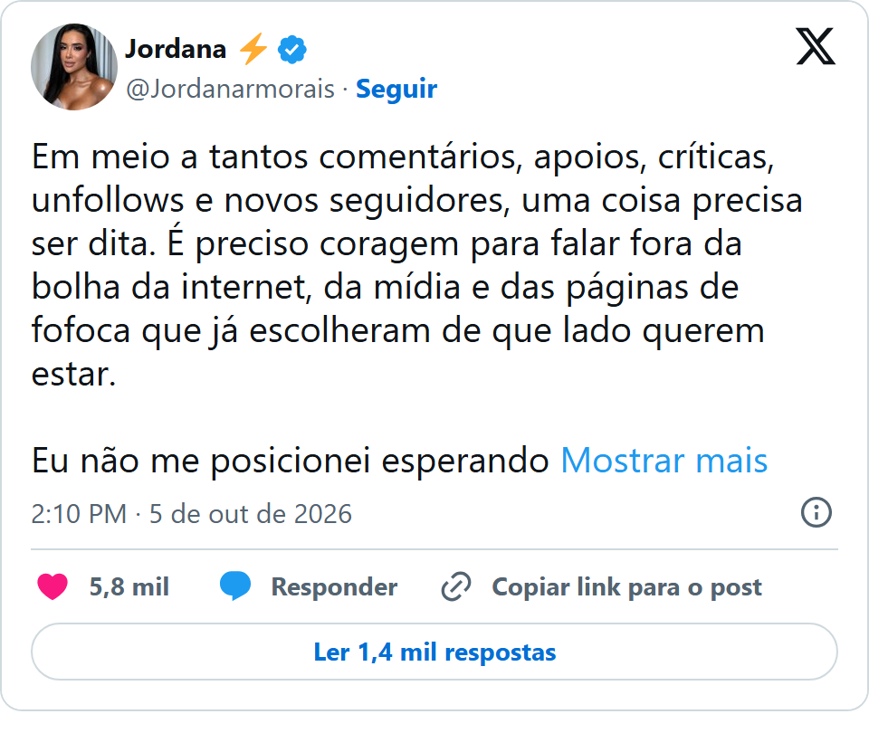 Print arquivado do post de Jordana Morais em 05/10/2026