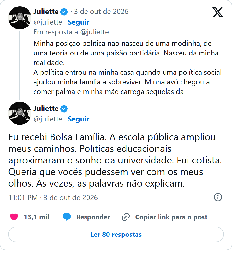 Print arquivado do post de Juliette em 03/10/2026