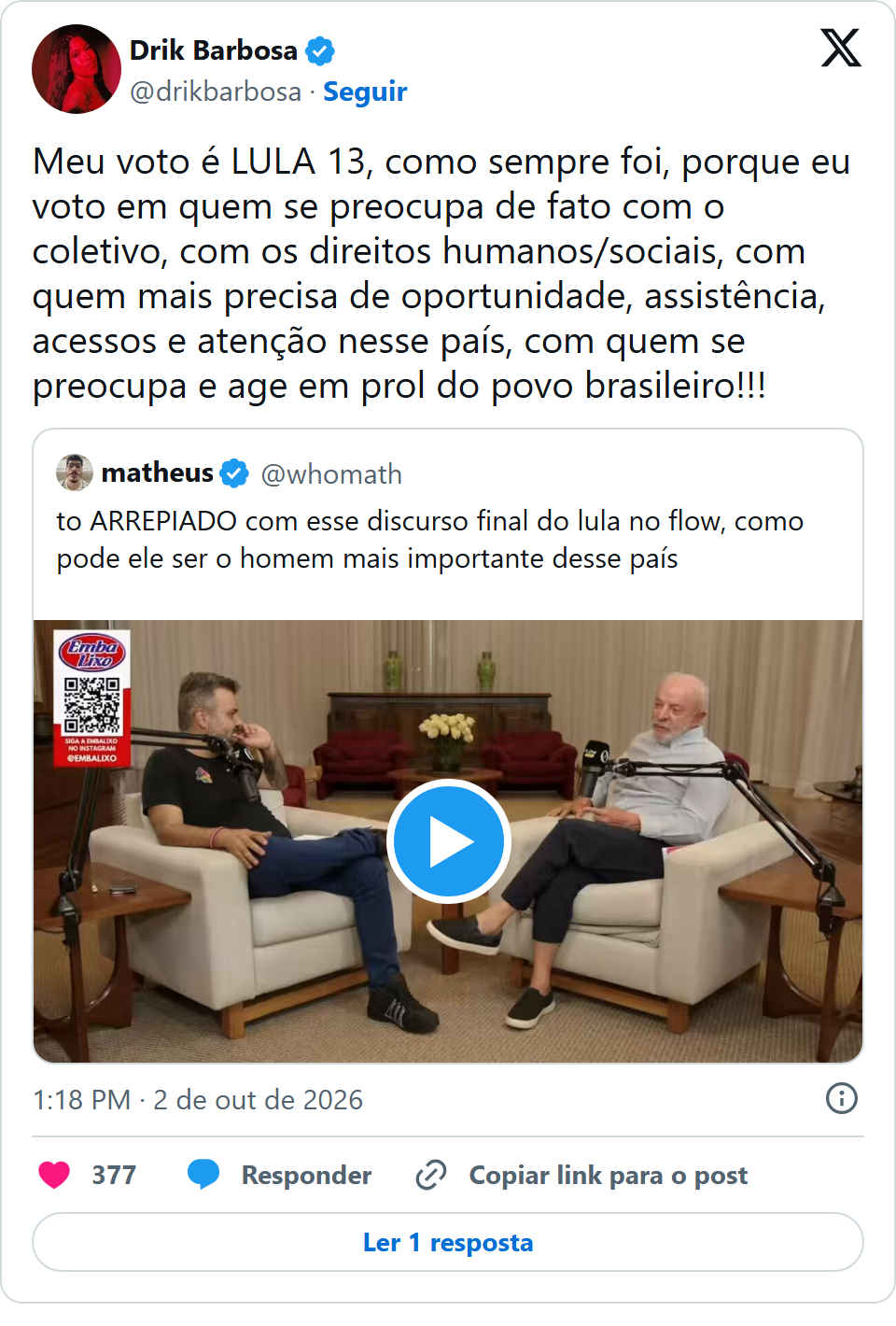Print arquivado do post de Drik Barbosa em 02/10/2026