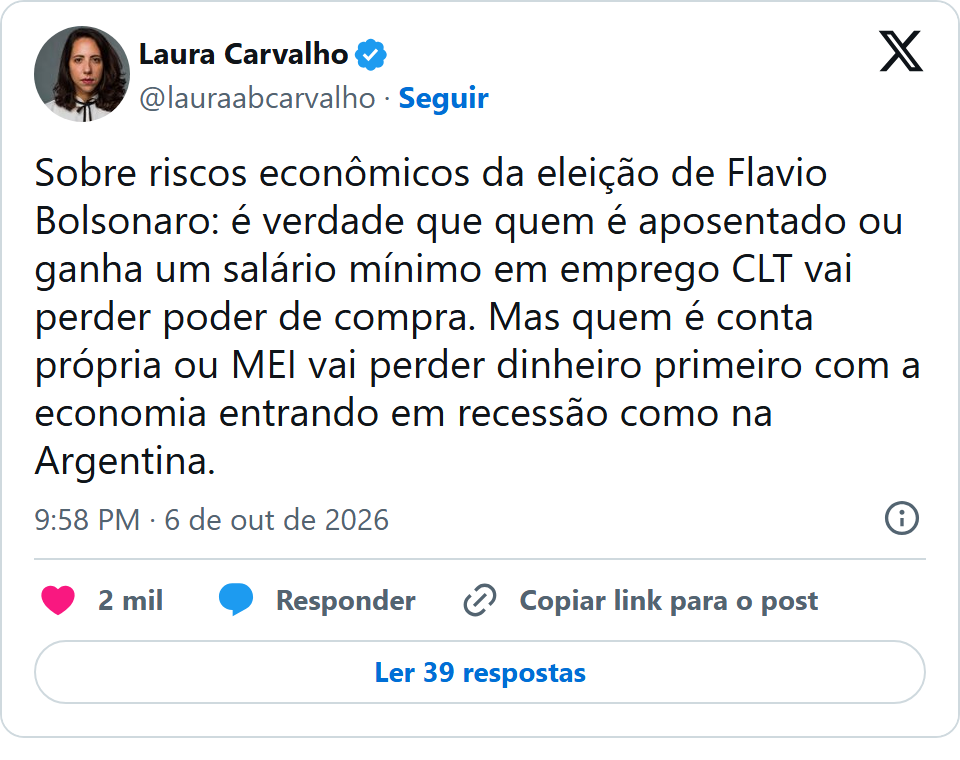 Print arquivado do post de Laura Carvalho em 06/10/2026