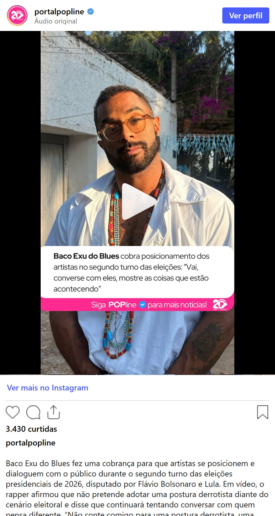 Print arquivado do post de Baco Exu do Blues em 05/10/2026