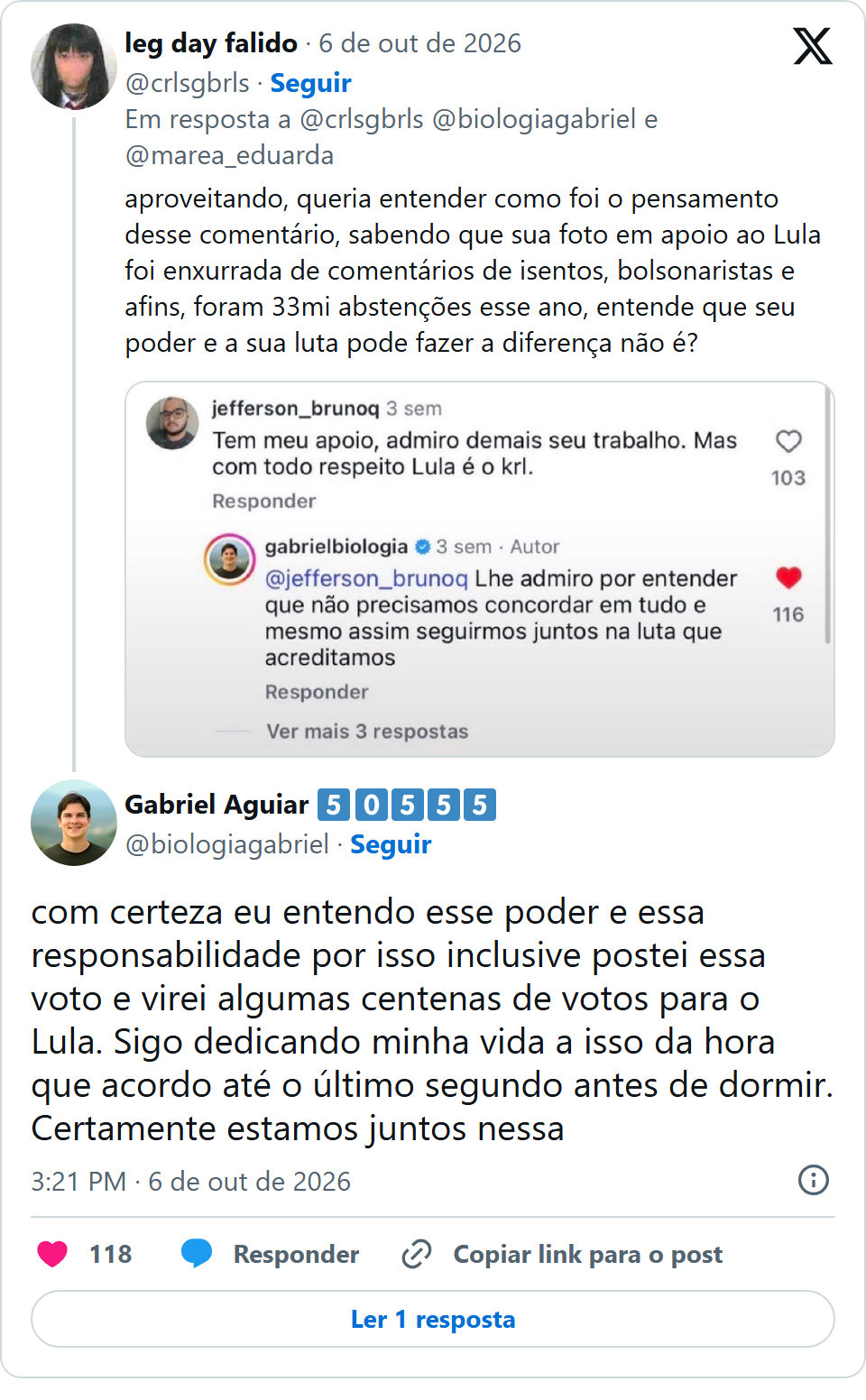 Print arquivado do post de Gabriel Biologia em 06/10/2026