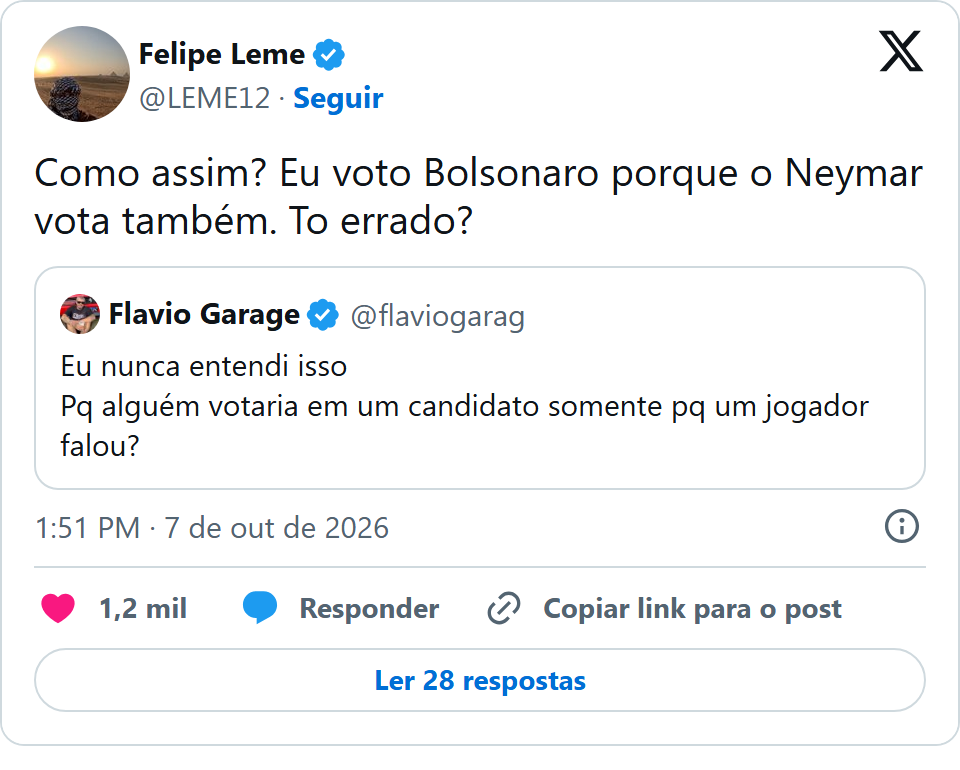 Print arquivado do post de Felipe Leme em 07/10/2026