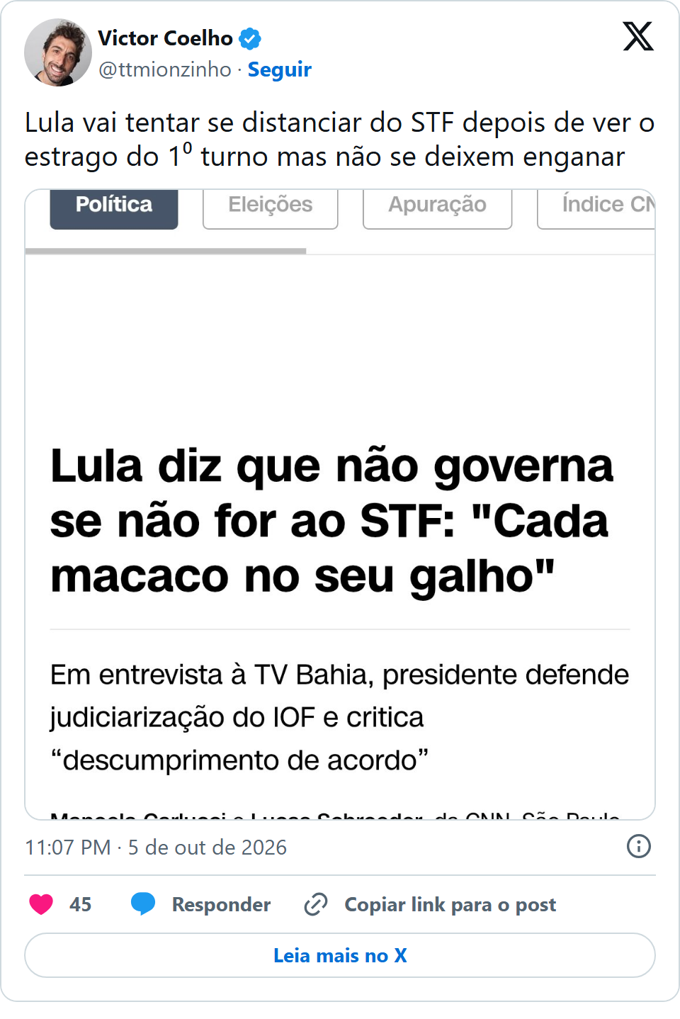 Print arquivado do post de Mionzinho (Victor Coelho) em 05/10/2026