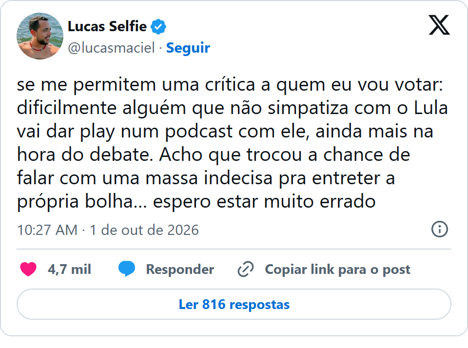 Print arquivado do post de Lucas Selfie em 01/10/2026