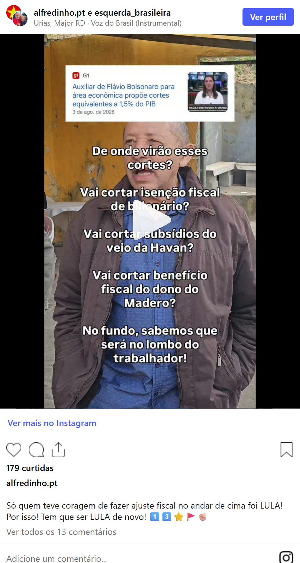 Print arquivado do post de Alfredinho em 07/10/2026