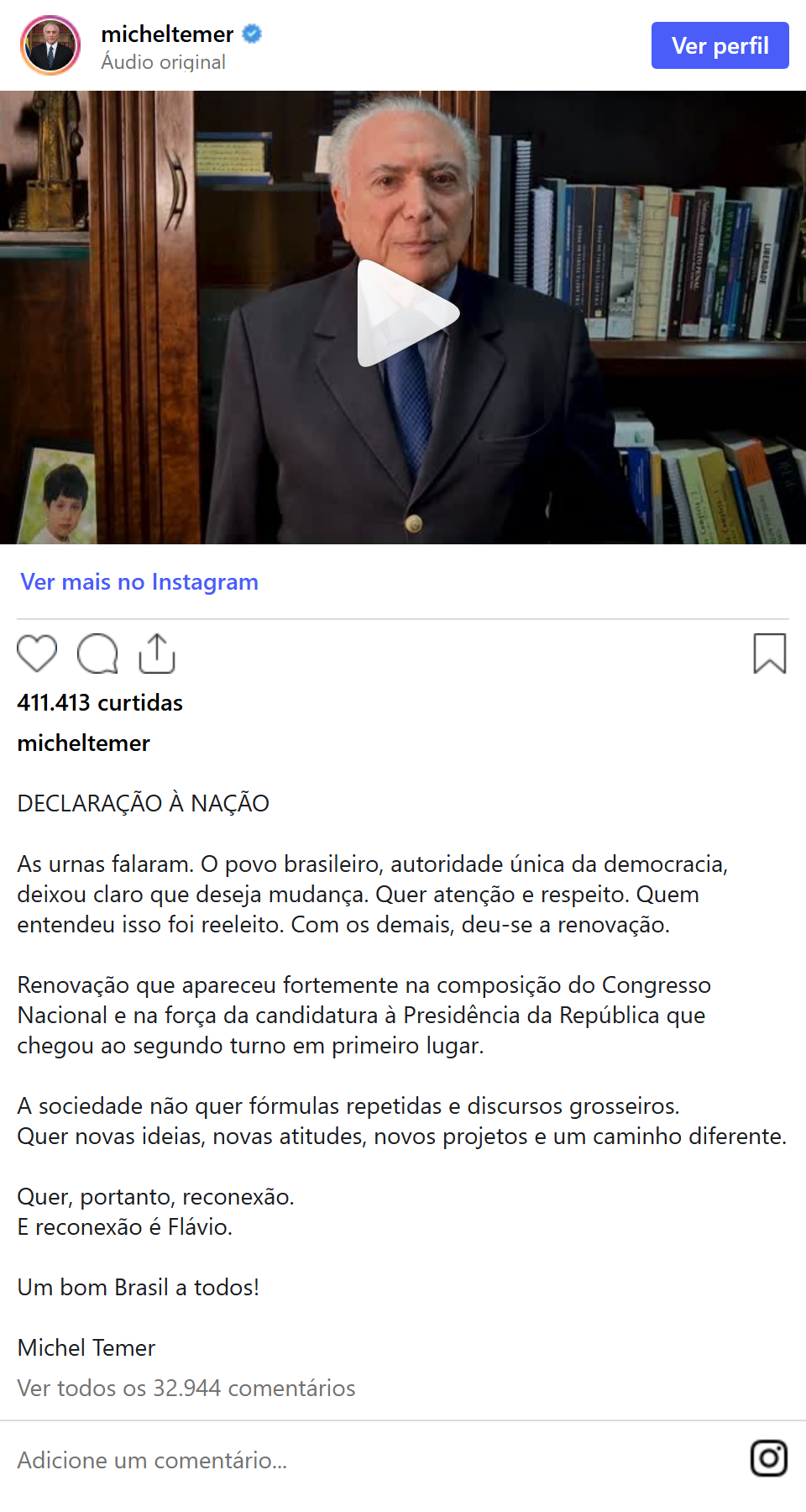 Print arquivado do post de Michel Temer em 05/10/2026