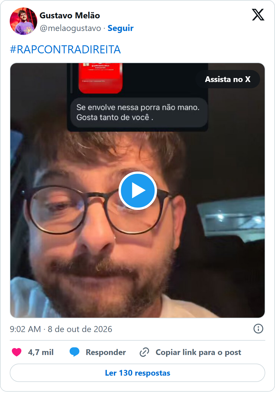 Print arquivado do post de Gustavo Melão em 08/10/2026