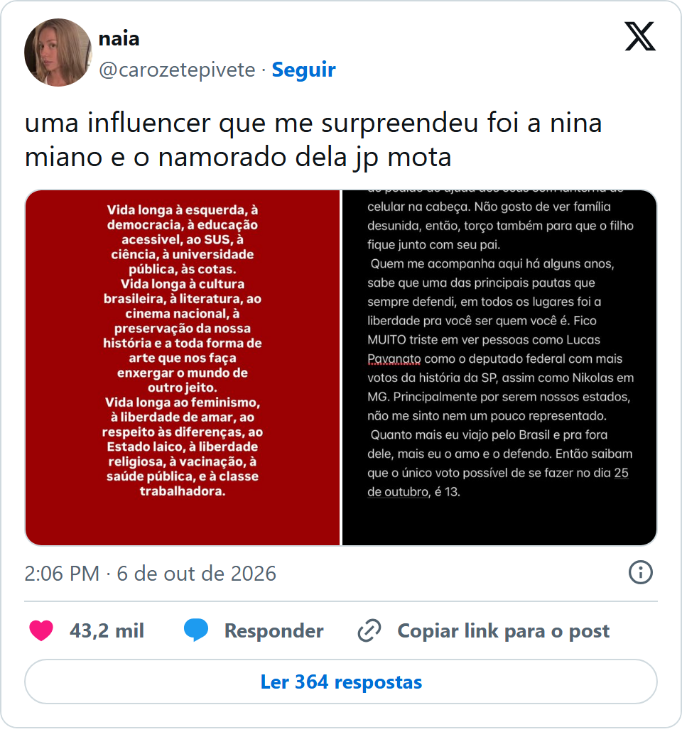 Print arquivado do post de JP Mota em 06/10/2026