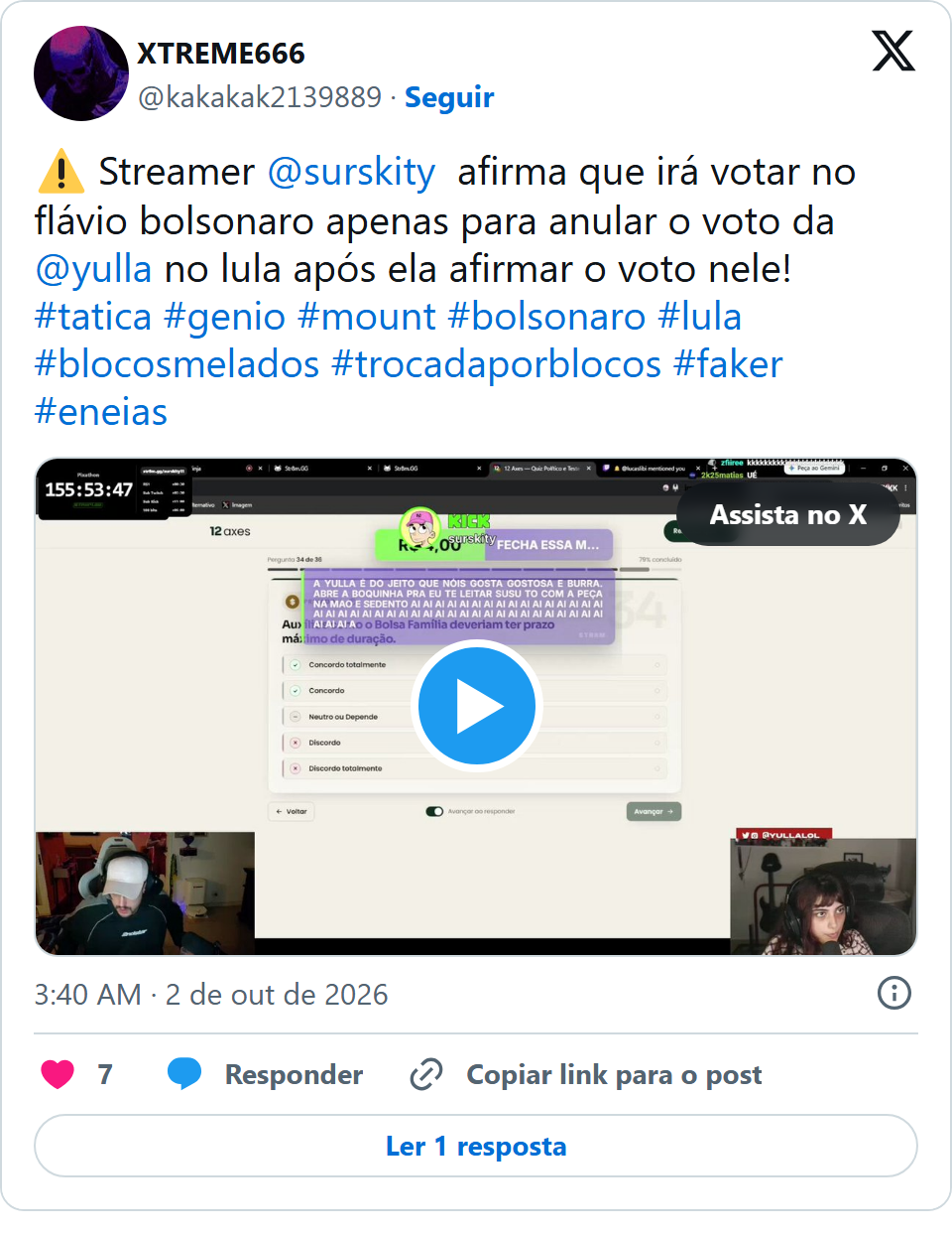 Print arquivado do post de Yulla em 02/10/2026