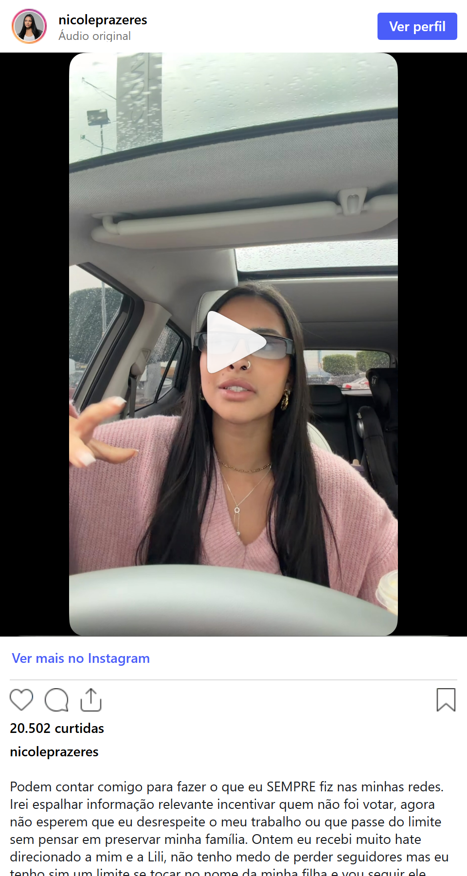 Print arquivado do post de Nicole Prazeres em 07/10/2026