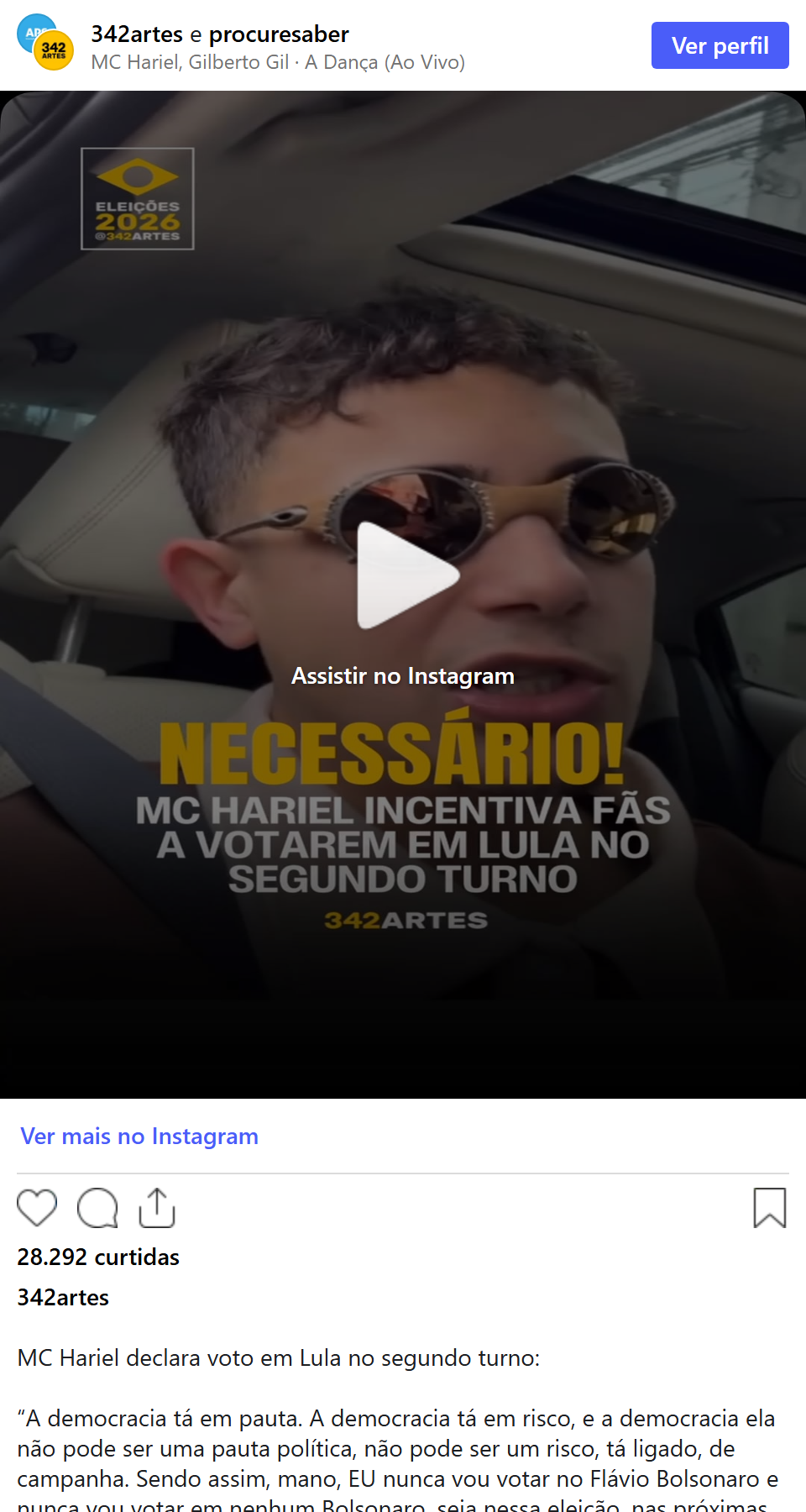 Print arquivado do post de MC Hariel em 07/10/2026